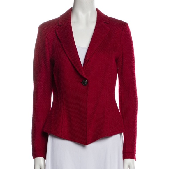 ST. JOHN Santana Red Knit One-Button Blazer Jacket Gunmetal Hardware Size 4 - Picture 1 of 11